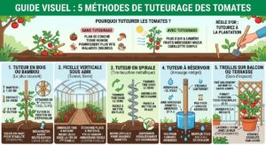 Lire la suite à propos de l’article Tuteurer les tomates : 5 méthodes simples, du tuteur en bois à la ficelle