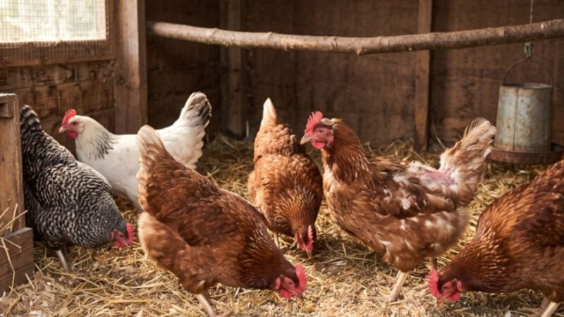 des poules dans un poulailler dont l'une perd des plumes