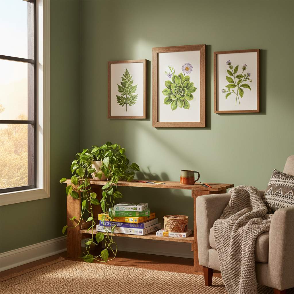 Un coin de salon durable et naturellement éclairé affichant des œuvres de peinture par numéros botaniques terminées dans des cadres en bois récupéré, aux côtés de plantes d'intérieur et de kits empilés