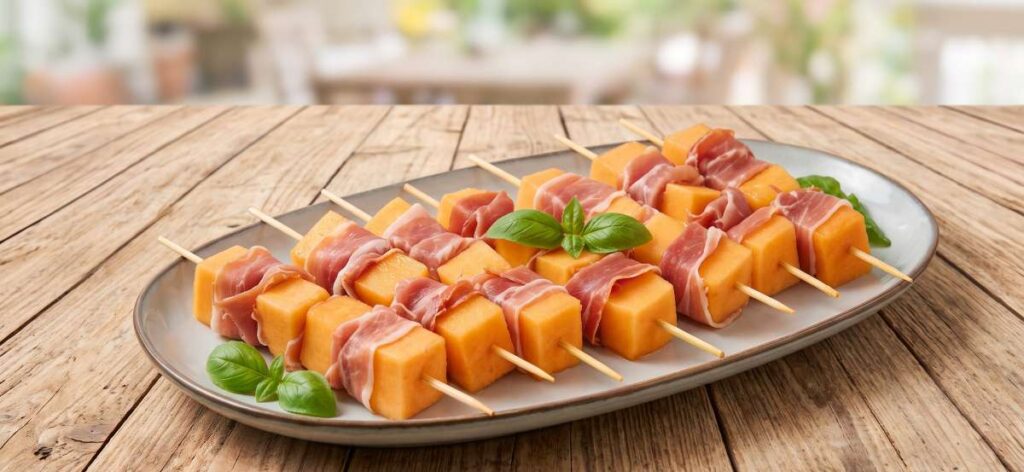 Brochettes de melon charentais enroulées de prosciutto