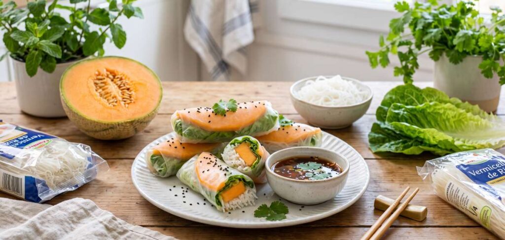 Rouleaux de printemps au melon charentais et vermicelles de riz