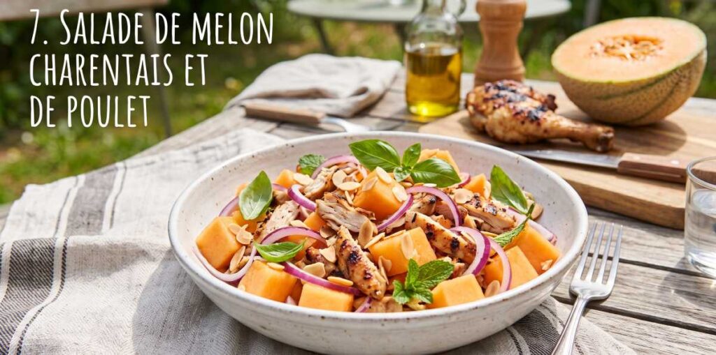 Salade de melon charentais, poulet grillé et oignon rouge