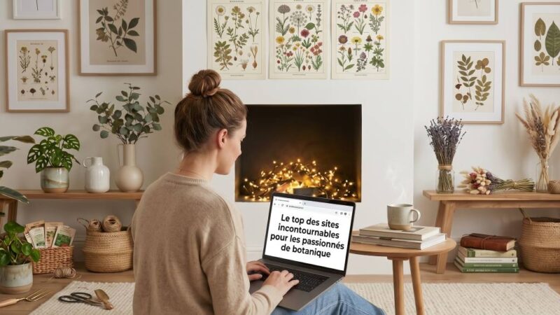 une femme qui regarde un ordinateur posé sur ses genous dans un salon décoré avec des plantes et de la botanique
