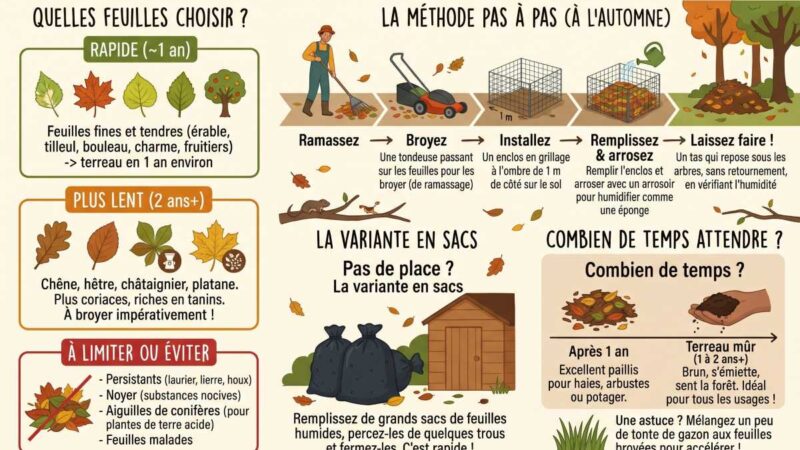 une infographie présentant la préparation d'un terreau de feuilles mortes pour un angrais naturel